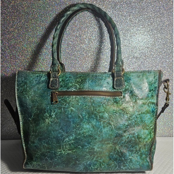 Patricia Nash Tooled Leather Satchel Convertible Hand / Shoulder Bag Teal Floral - Picture 2 of 16